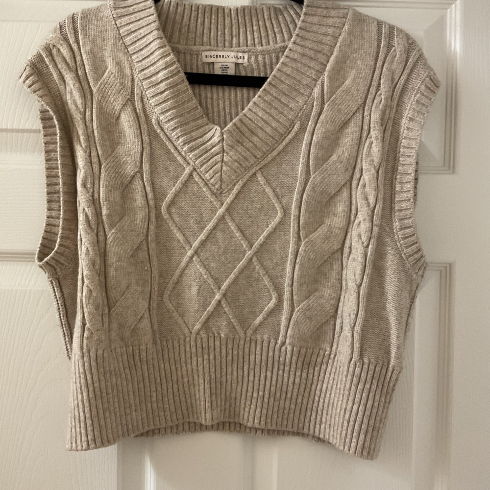 Sincerely Jules Beige Cable Knit V-Neck Sweater Vest